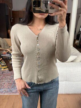 Beige Ribbed Button Cardigan Fitted Minimalist Office Siren